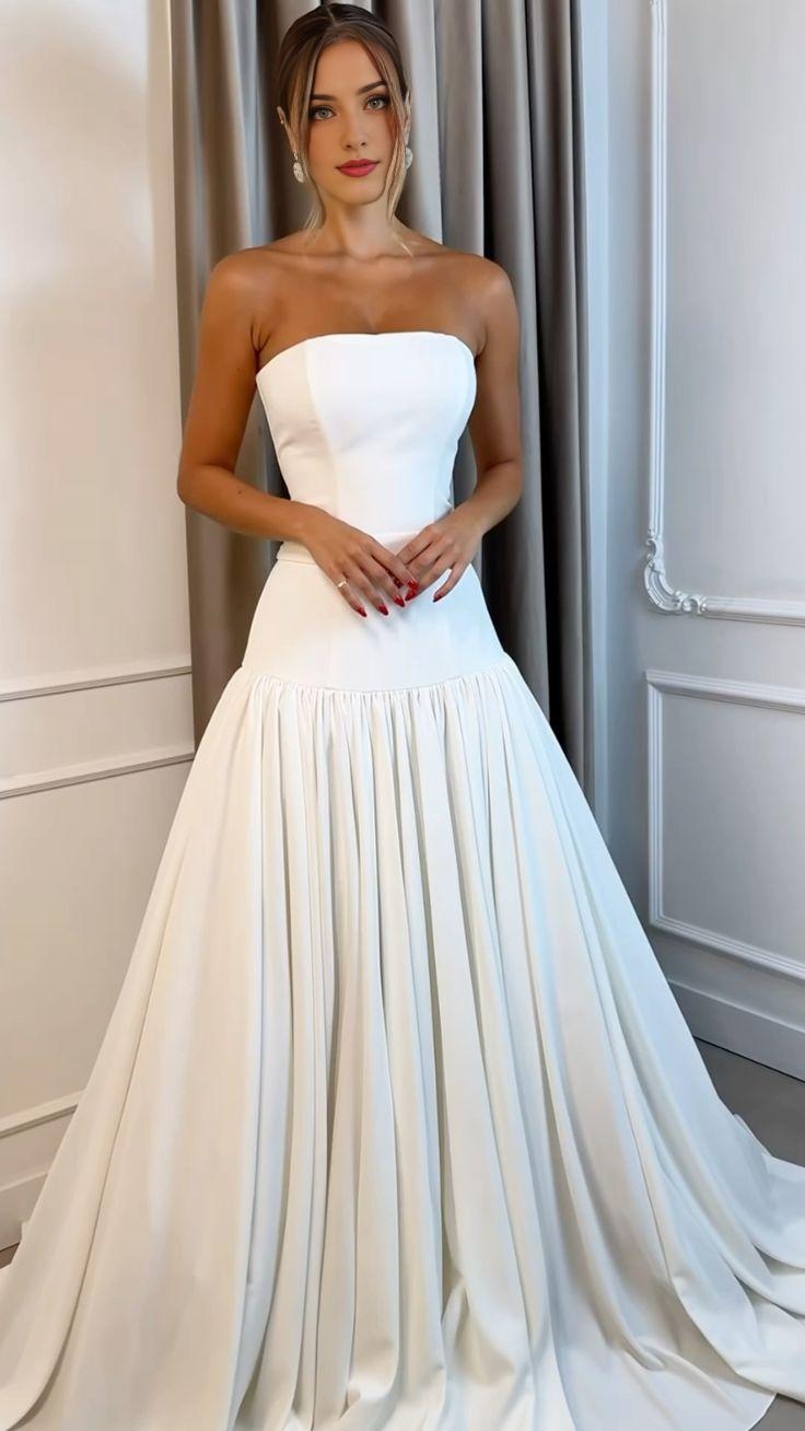 White Strapless Long Wedding Dress Princess Bridal Gown