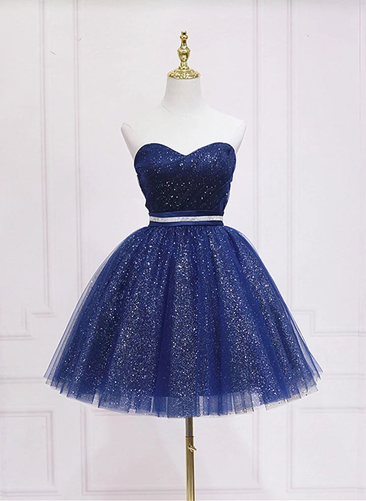 Shiny Navy Blue Tulle Sweetheart Homecoming Dress Blue Prom Dress