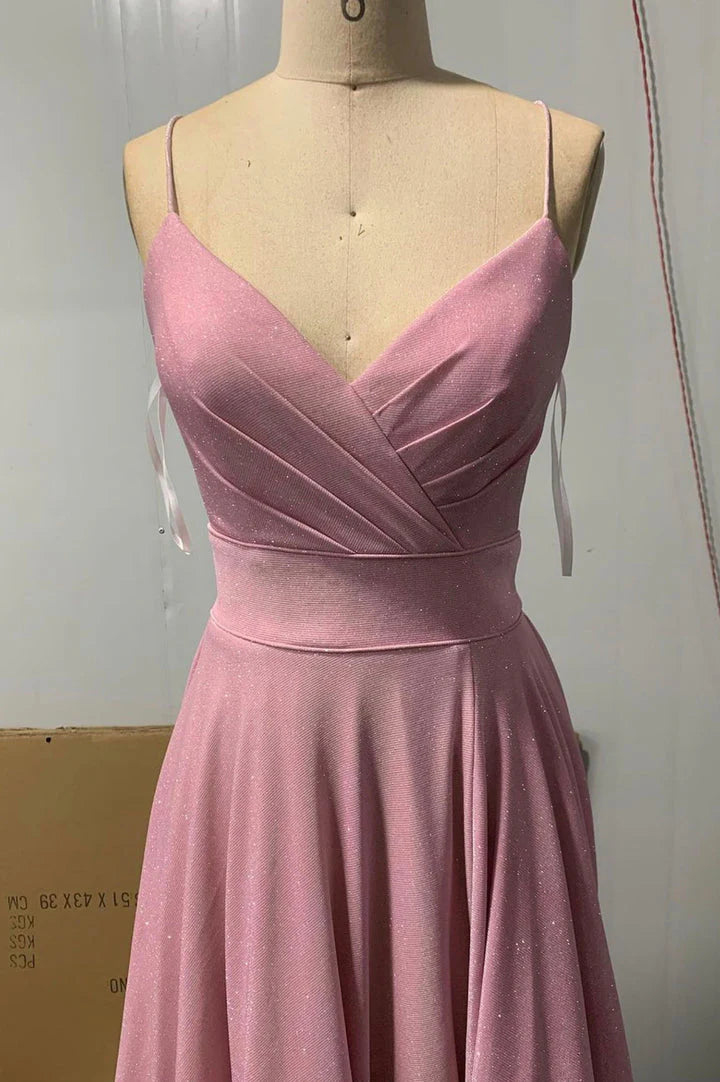 Pink V-neck long prom dress A-line evening dress