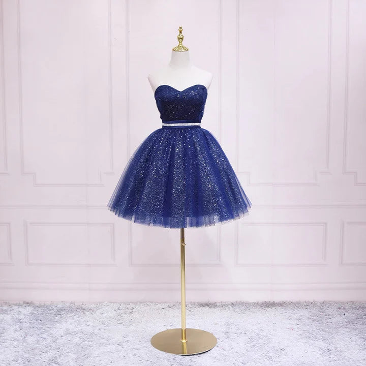 Shiny Navy Blue Tulle Sweetheart Homecoming Dress Blue Prom Dress
