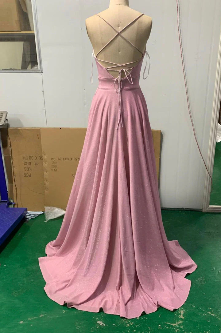Pink V-neck long prom dress A-line evening dress
