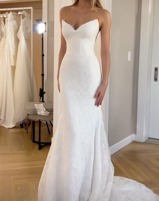Mermaid V Neck Lace Long Wedding Dresses Elegant Wedding Dress