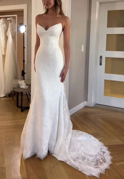 Mermaid V Neck Lace Long Wedding Dresses Elegant Wedding Dress