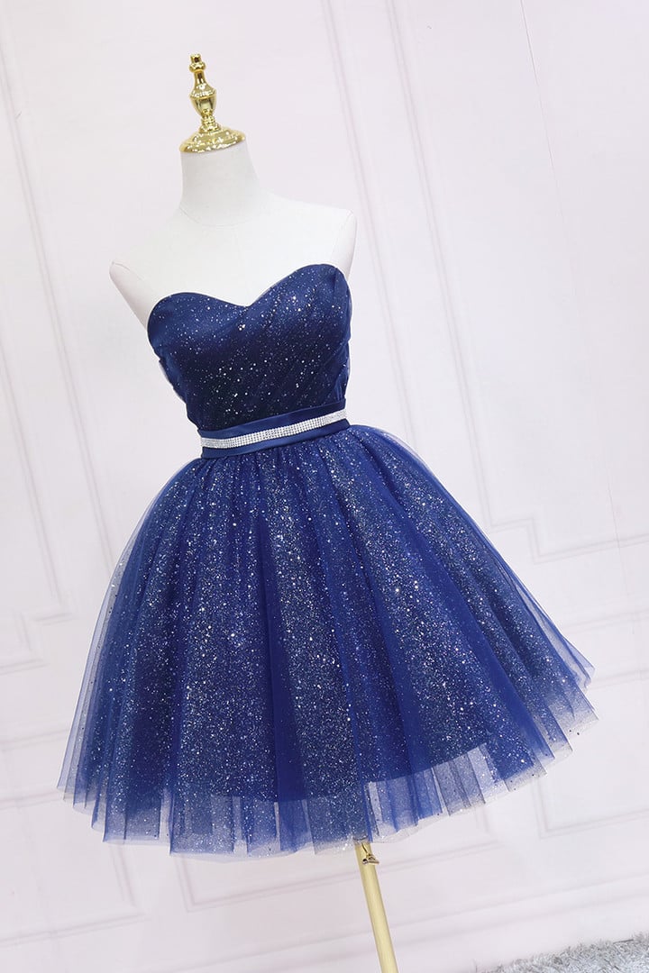 Shiny Navy Blue Tulle Sweetheart Homecoming Dress Blue Prom Dress
