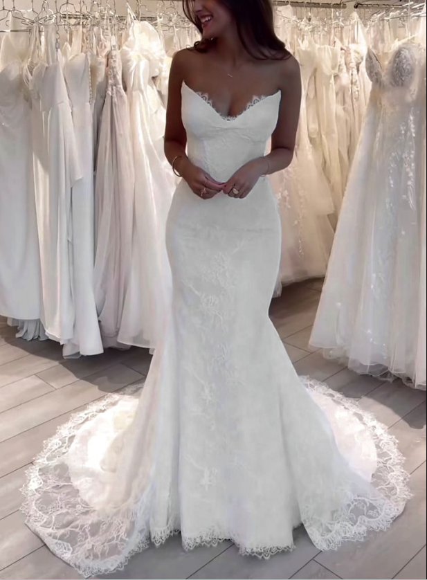 Mermaid V Neck Lace Long Wedding Dresses Elegant Wedding Dress