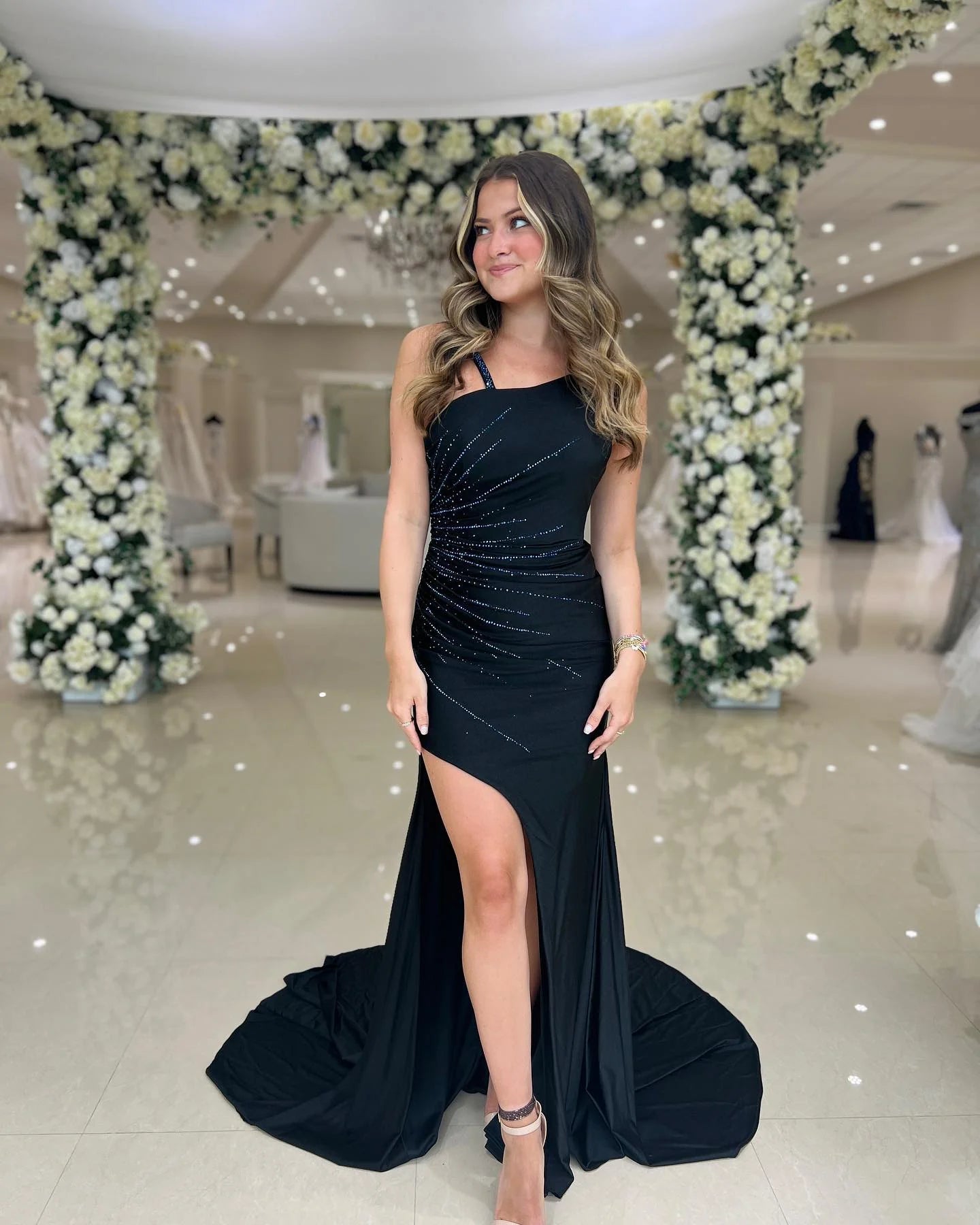 Black Mermaid Glitter One Shoulder Long Prom Dress
