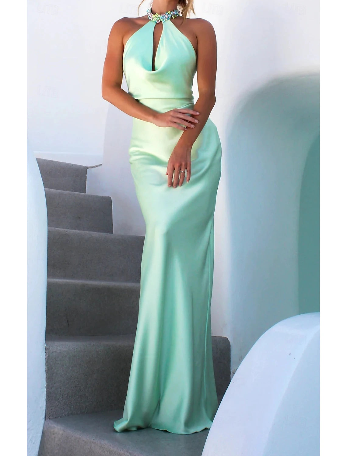 New style Acetate Satin Prom and Evening Gowns Halter - neck Gowns with Rhinestone Embellishments and Open - back Design Bridesmaid Dresses