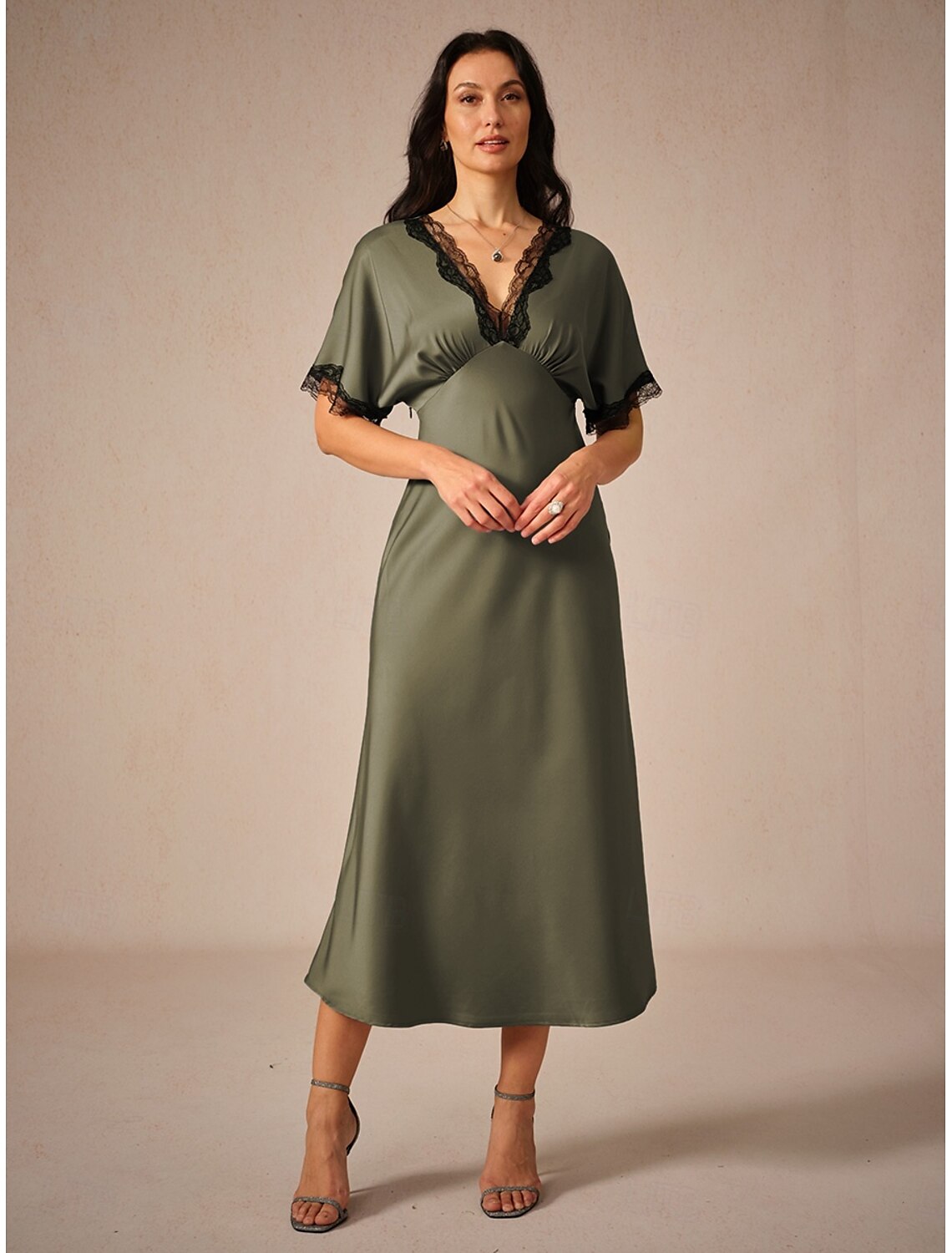 Women's Maxi Dress Sheath Dress Elegant Stylish Wedding Party Daily Regular Fit Solid Color Short Sleeve V Neck Olive Summer