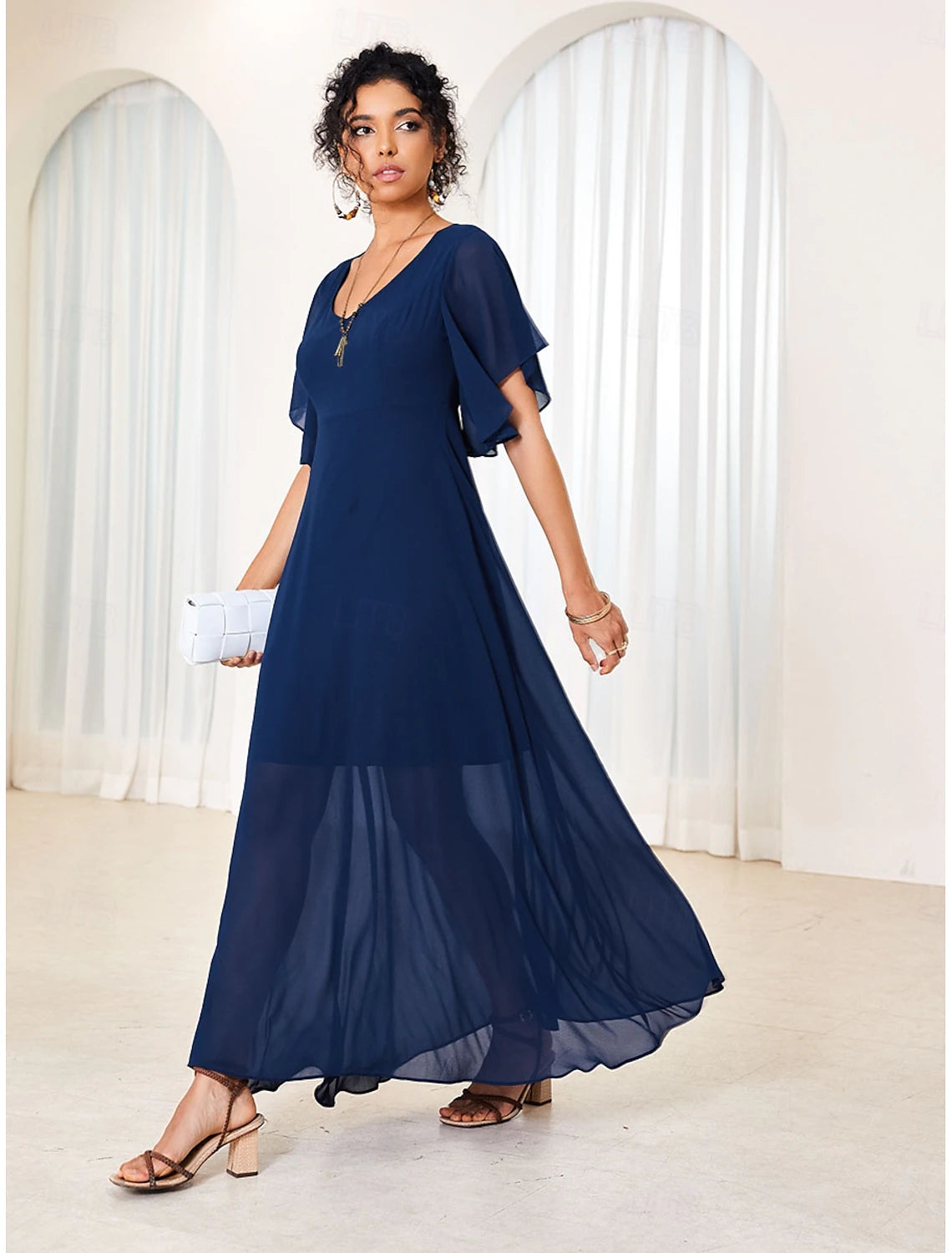 Women's Maxi Dress Elegant Flutter Sleeve Solid Blue Scoop Neck Cinched Waist Flowy Sheer Overlay Formal Event Party Summer All Sizes