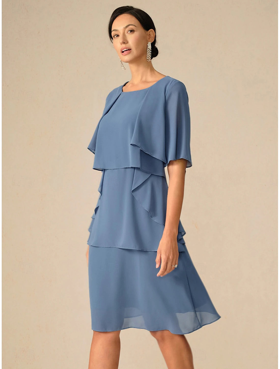 Women's Wedding Guest Cocktail Dress Ruffle Elegant Layered Midi Summer Spring Dress Crew Neck Half Sleeve Midi Dress Blue