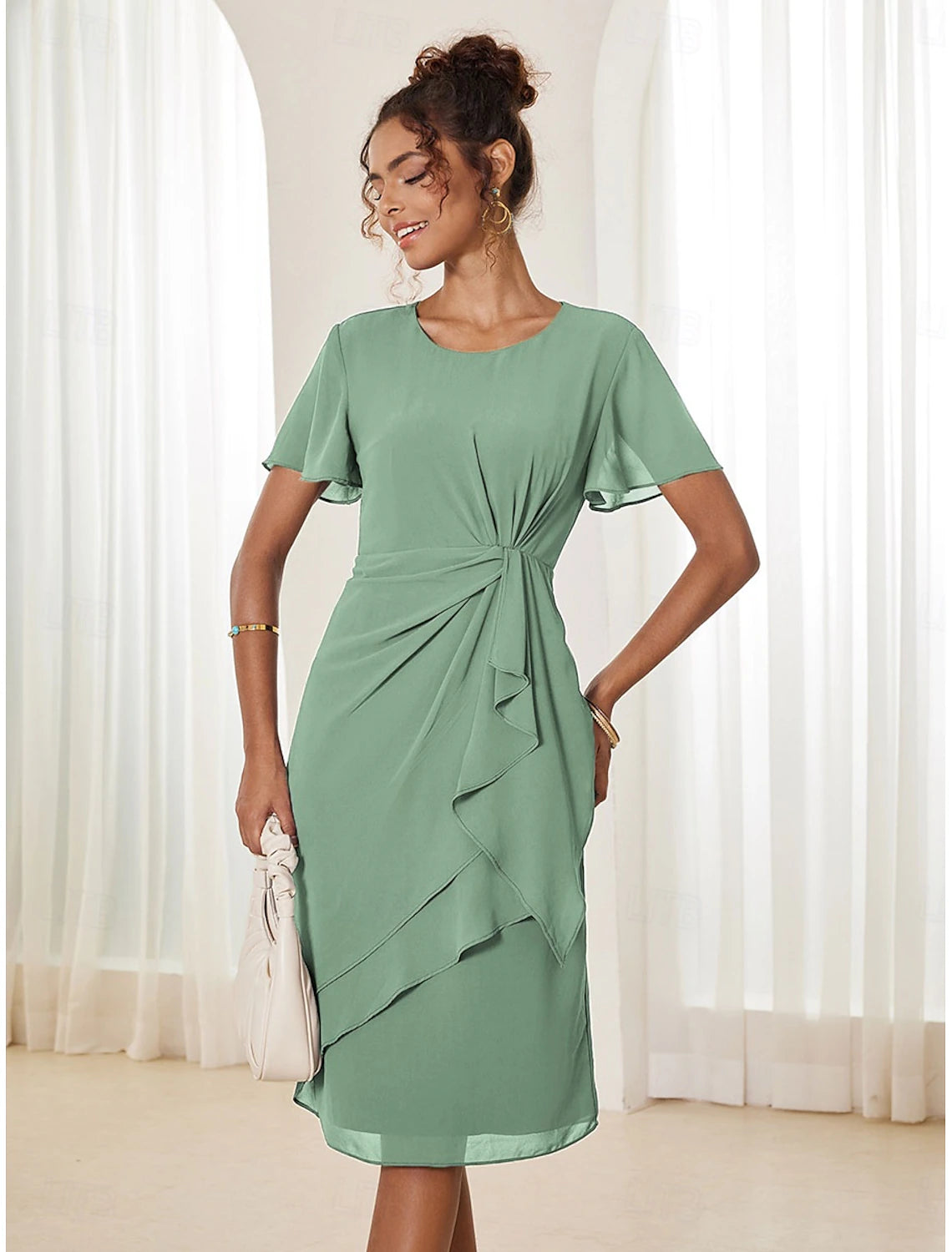 Women's Wedding Guest Cocktail Dress Chiffon Twisted Knot Elegant Formal Layered Midi Dress Crew Neck Short Sleeve Butterfly Sleeve Dark Blue Color