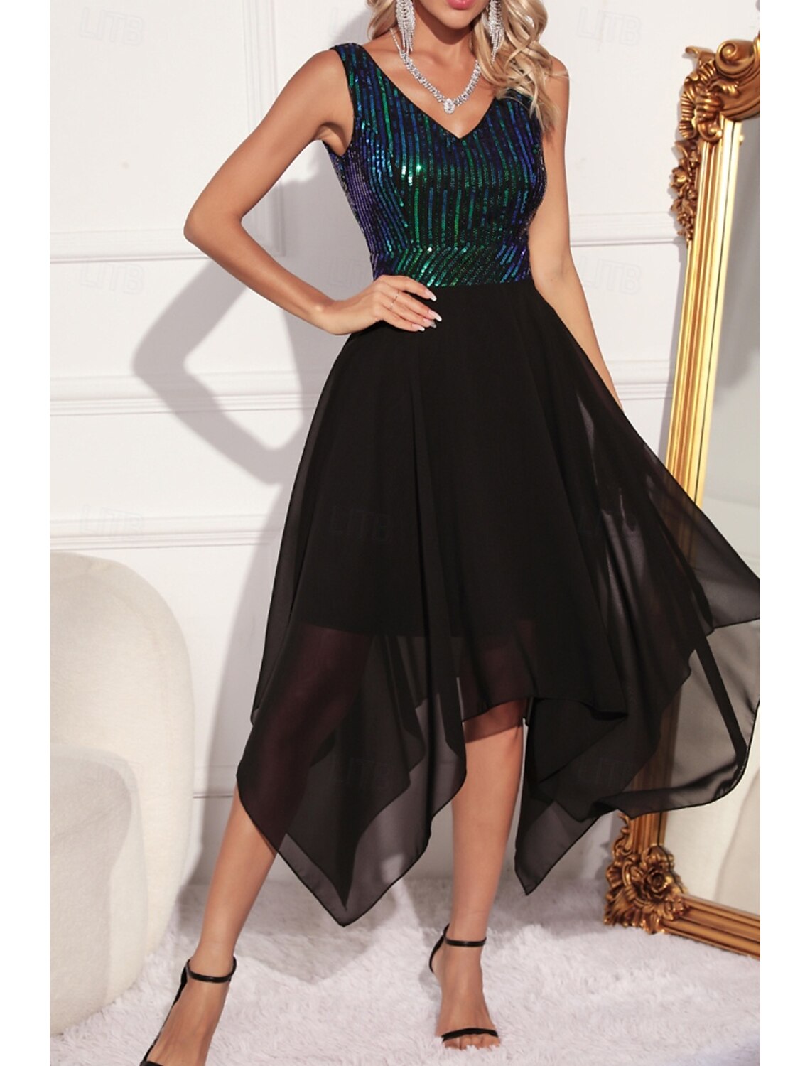 Women's Midi Dress Sequin Dress Party Dress Fashion Party Evening Party Regular Fit Color Block Sleeveless V Neck Green Apricot Summer