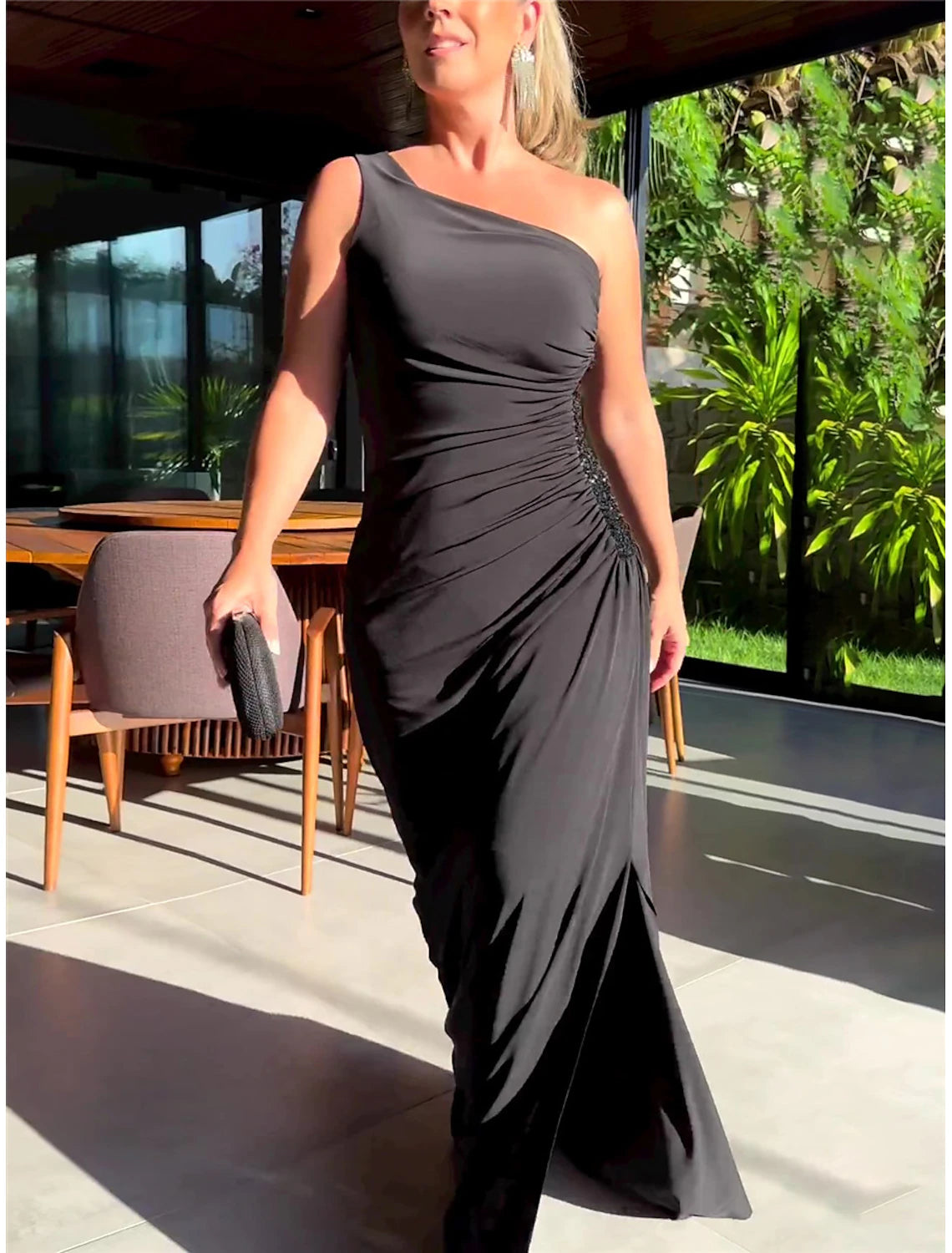 Women's Long Dress Maxi Dress Black Dress Prom Dress Party Dress Sheath Dress Fashion Party Elegant Dress Vacation Wedding Guest Special Occasion Regular Fit Pure Color Sleeveless One Shoulder Black