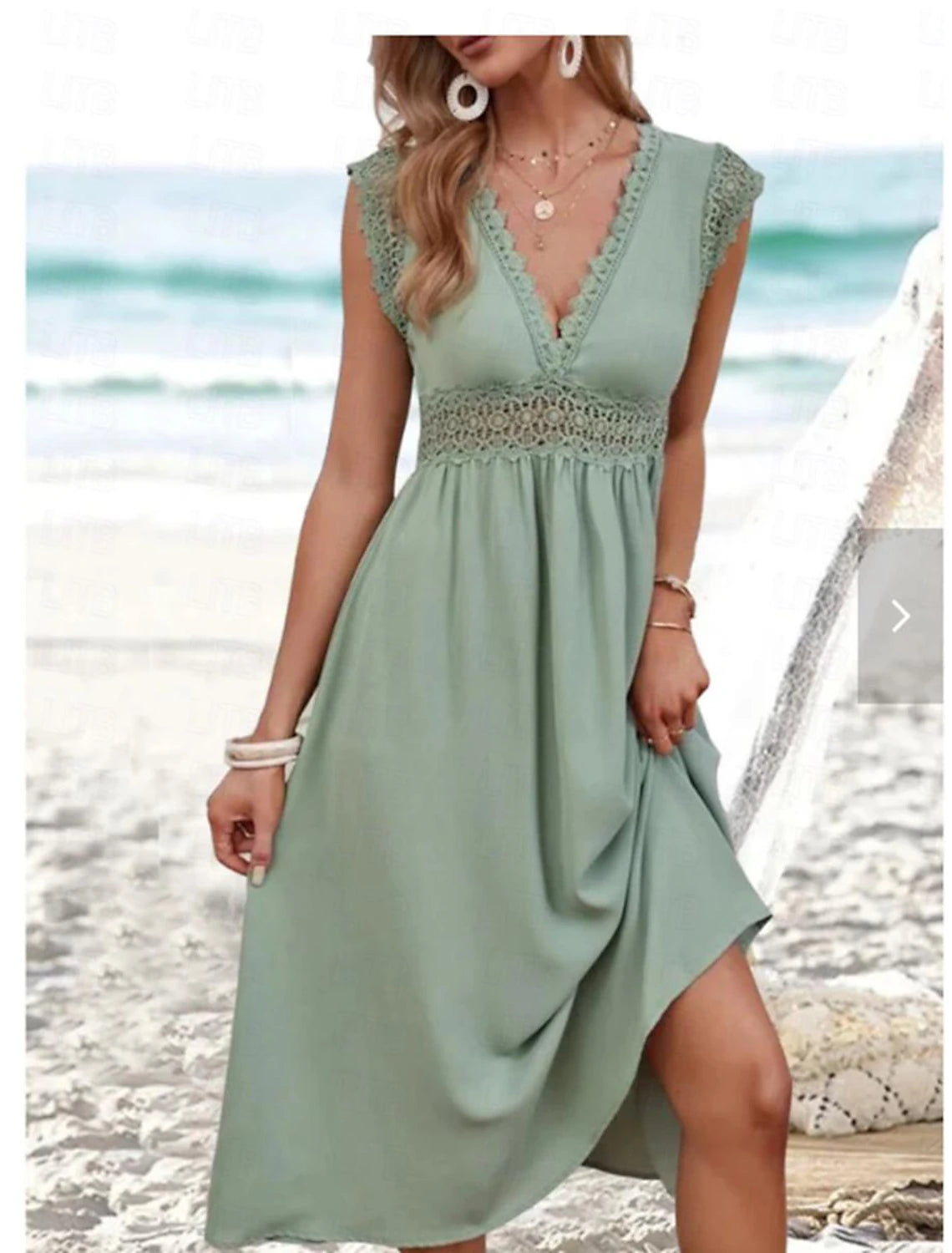 Women's A Line Dress Plain Dress Midi Dress Zipper Eyelet Elegant Hawaiian V Neck Short Sleeve Green Color
