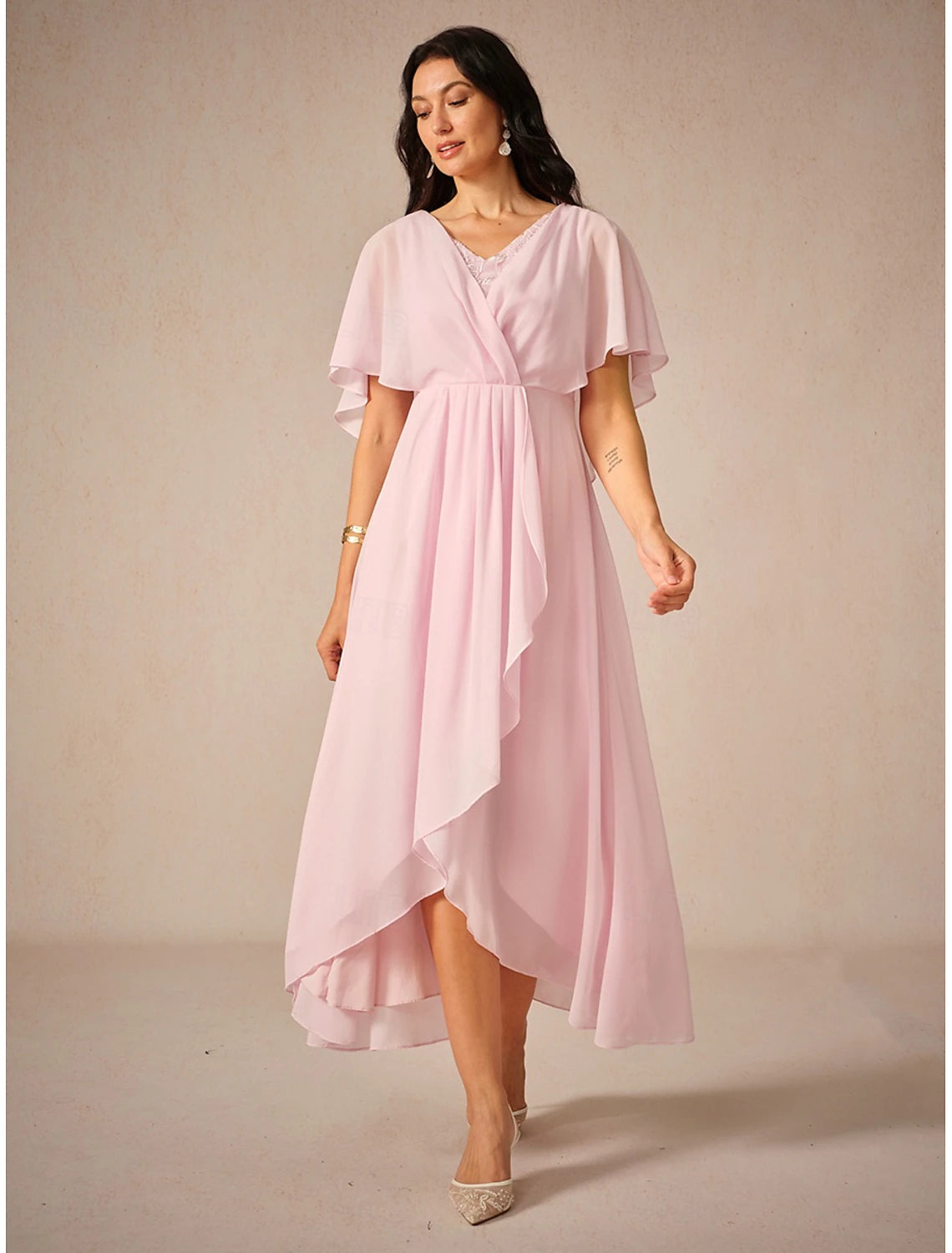 Women's Wedding Guest Cocktail Dress Chiffon Lace Split Elegant Formal A Line Maxi Dress V Neck Short Sleeve Pink Color