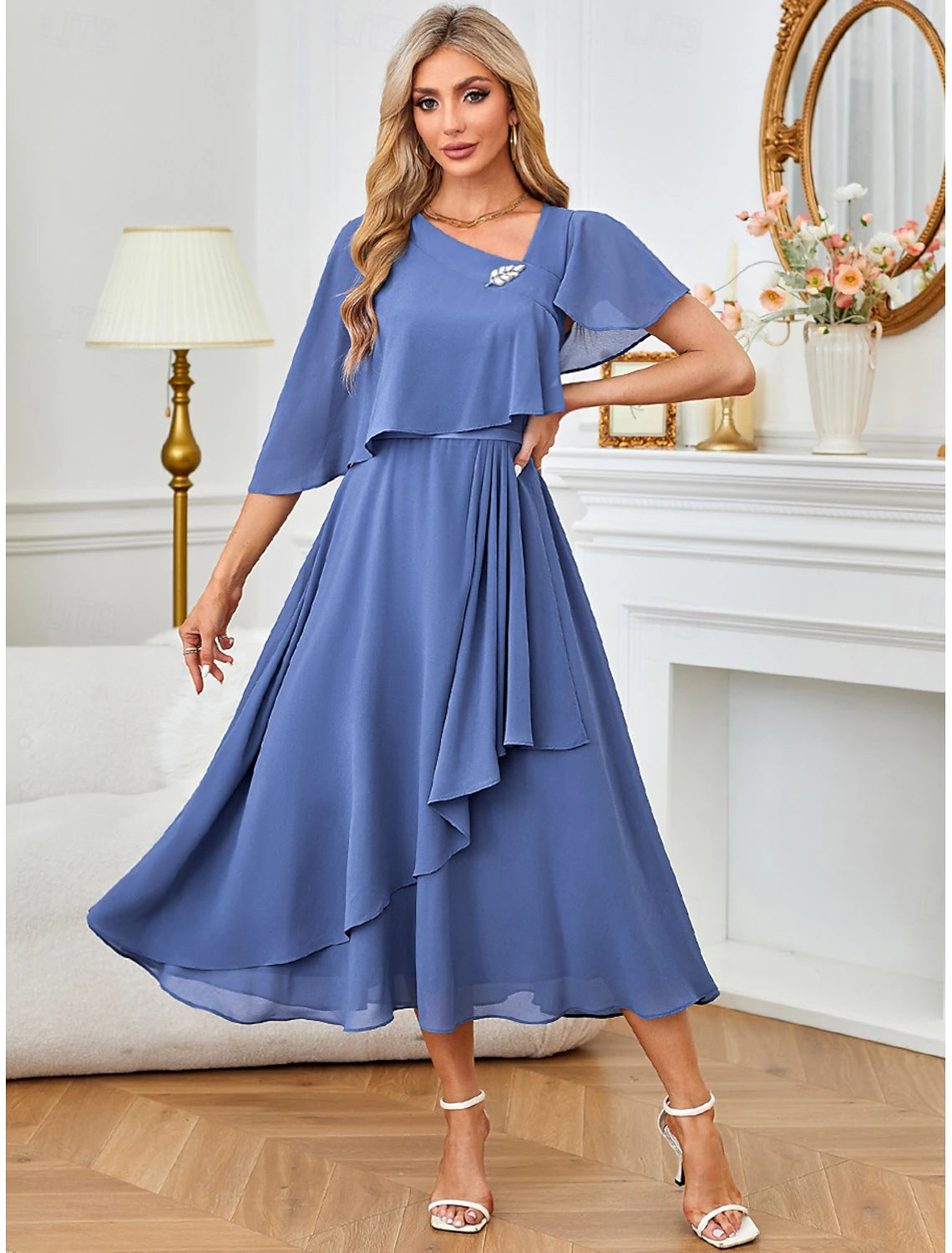 Women's A Line Dress Ruffle Sparkle Half Sleeve Wedding Guest Cocktail Party Blue