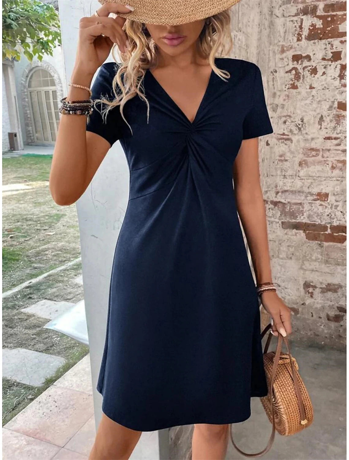Women's Casual Dress Mini Dress Modal Knot Front Daily Date Elegant Vintage V Neck Short Sleeve Pink Navy Blue Color