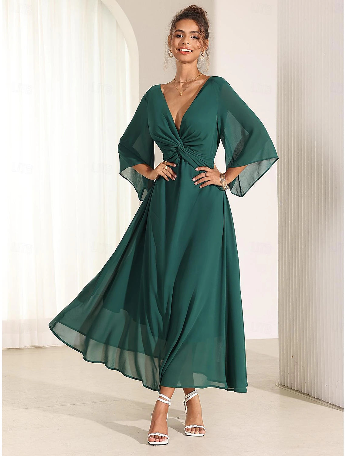 Women's Wedding Guest Cocktail Dress Chiffon Plain Ruffle Twisted Elegant Summer Maxi Dress V Neck Flared 3/4 Length Sleeve