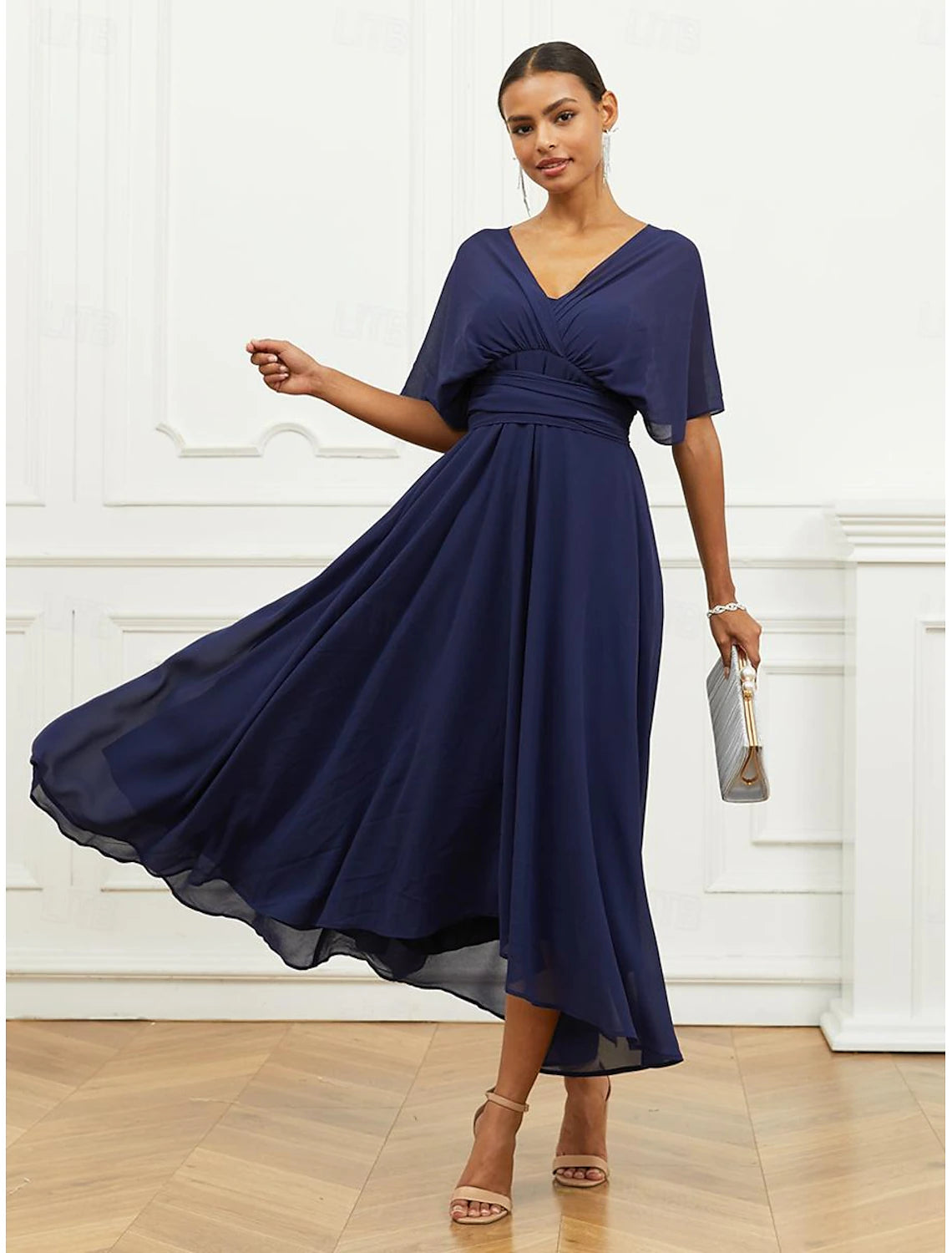 Women's Wedding Guest Cocktail Dress A Line Midi Chiffon Ruched Belted Elegant Formal One Shoulder Sleeveless Dress Navy Blue Color