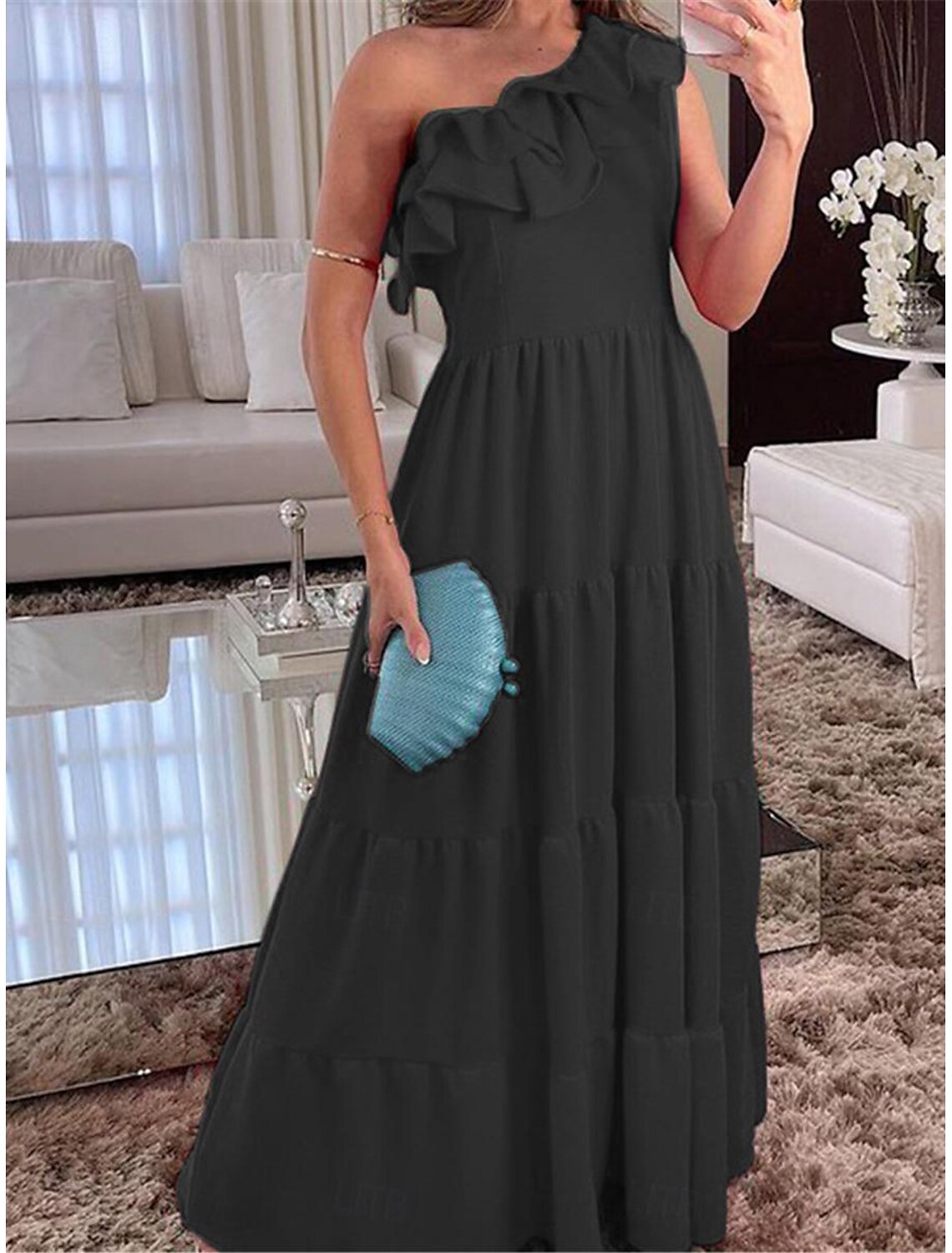 Women's Black Dress Maxi Dress Ruffle Wedding Party Elegant Formal One Shoulder Sleeveless Black Red Color