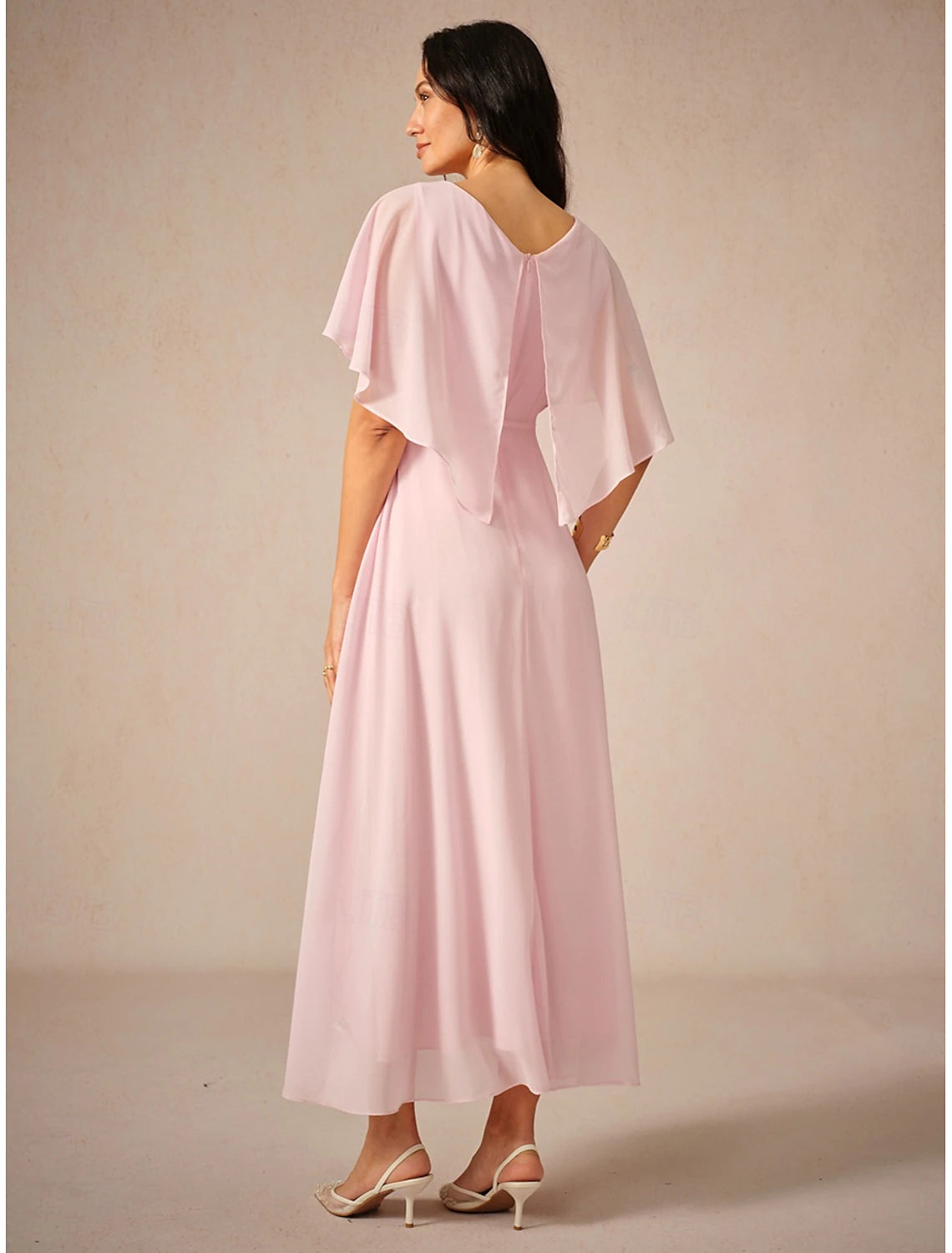 Women's Wedding Guest Cocktail Dress Chiffon Lace Split Elegant Formal A Line Maxi Dress V Neck Short Sleeve Pink Color