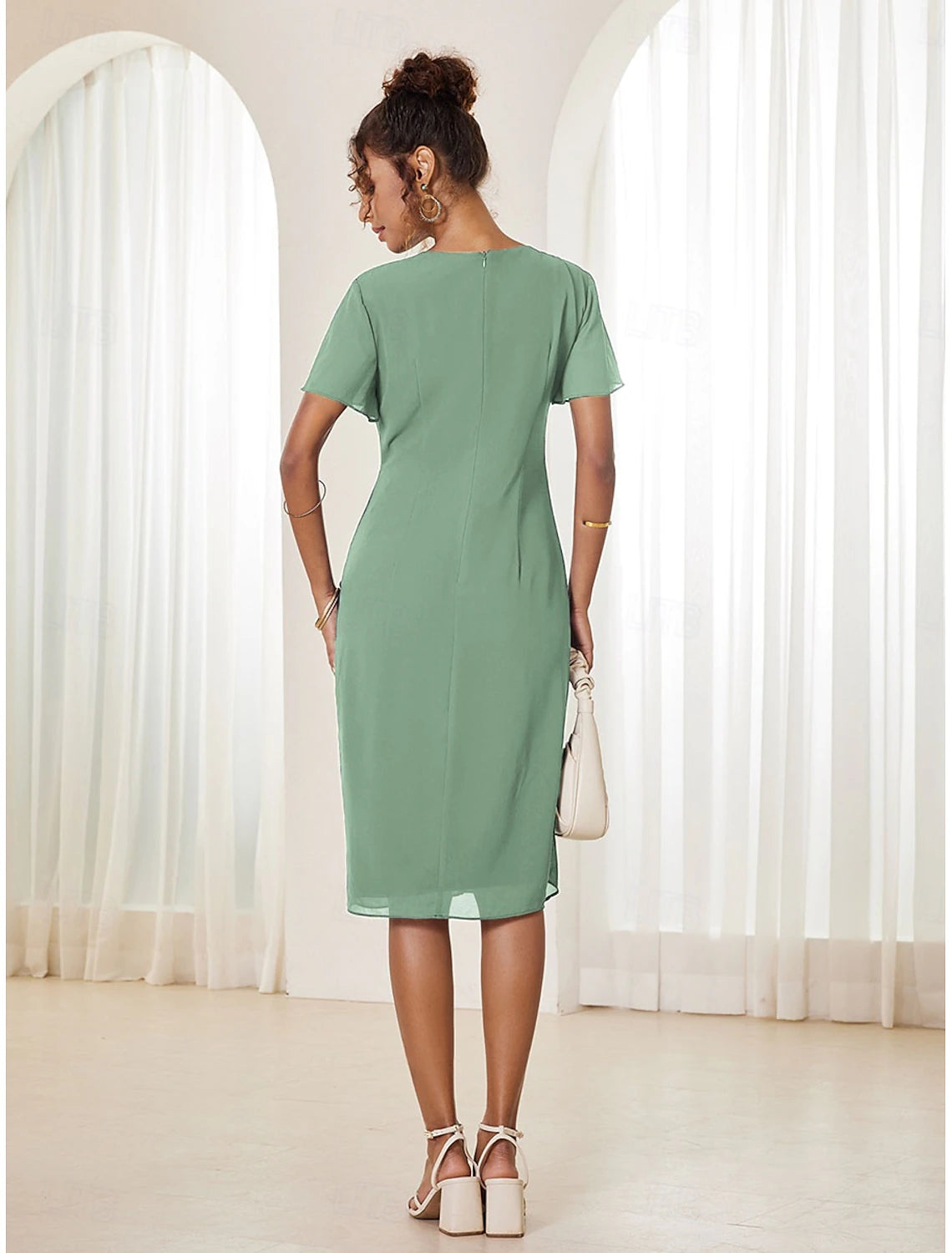 Women's Wedding Guest Cocktail Dress Chiffon Twisted Knot Elegant Formal Layered Midi Dress Crew Neck Short Sleeve Butterfly Sleeve Dark Blue Color