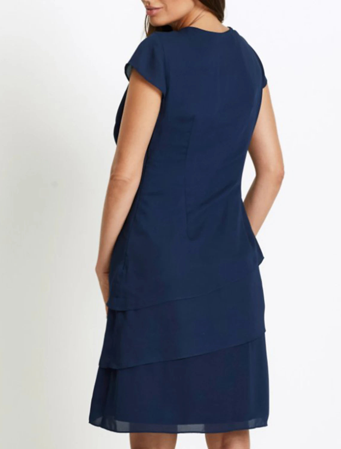 Women's Wedding Guest Cocktail Dress Elegant Party Dress Shift Dress Ruched Layered Crew Neck Short Sleeve Midi Dress Vacation Navy Blue Summer Spring