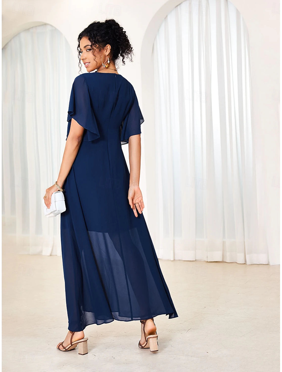 Women's Maxi Dress Elegant Flutter Sleeve Solid Blue Scoop Neck Cinched Waist Flowy Sheer Overlay Formal Event Party Summer All Sizes