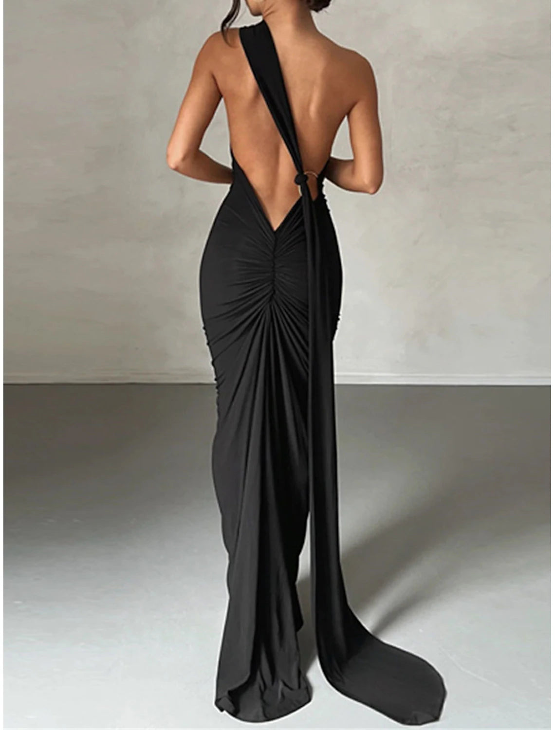 Glamorous Black Sheath One Shoulder Sleeveless Ruched Open-Back Backless Floor-Length Prom Dress