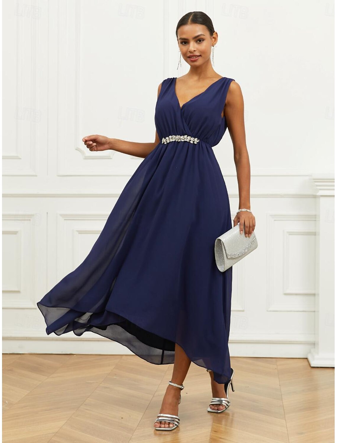 Women's Wedding Guest Cocktail Dress A Line Maxi Chiffon Ruched Tiered Elegant V Neck Sleeveless dress Navy Blue Color