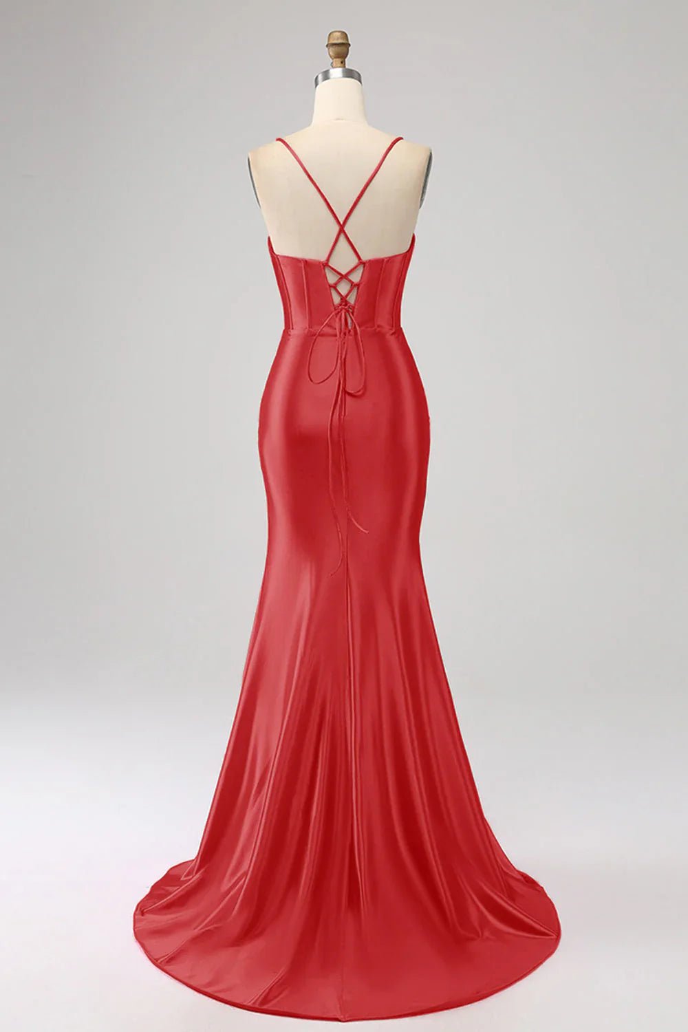 DingJiDress Stunning Red Mermaid Spaghetti Straps Corset Prom Dress with Split Front