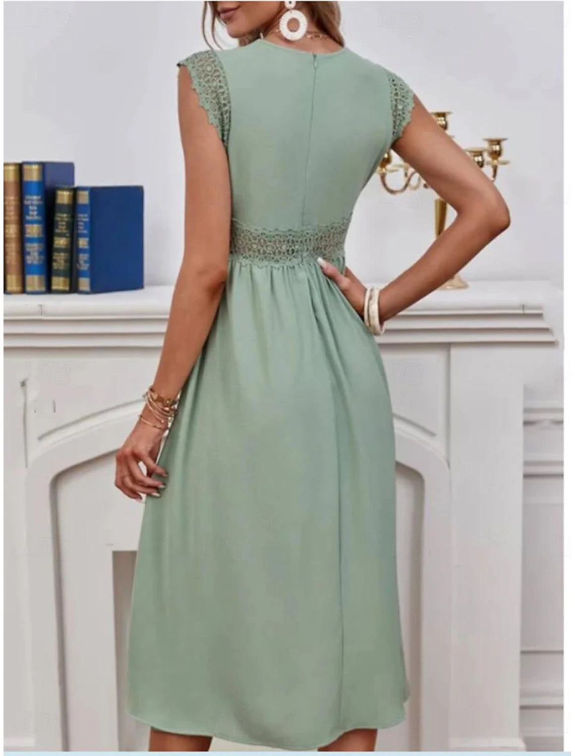 Women's A Line Dress Plain Dress Midi Dress Zipper Eyelet Elegant Hawaiian V Neck Short Sleeve Green Color