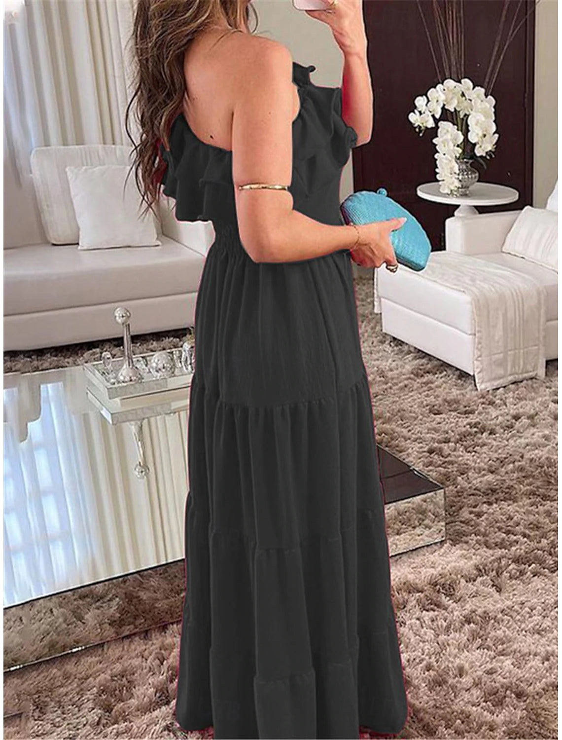 Women's Black Dress Maxi Dress Ruffle Wedding Party Elegant Formal One Shoulder Sleeveless Black Red Color