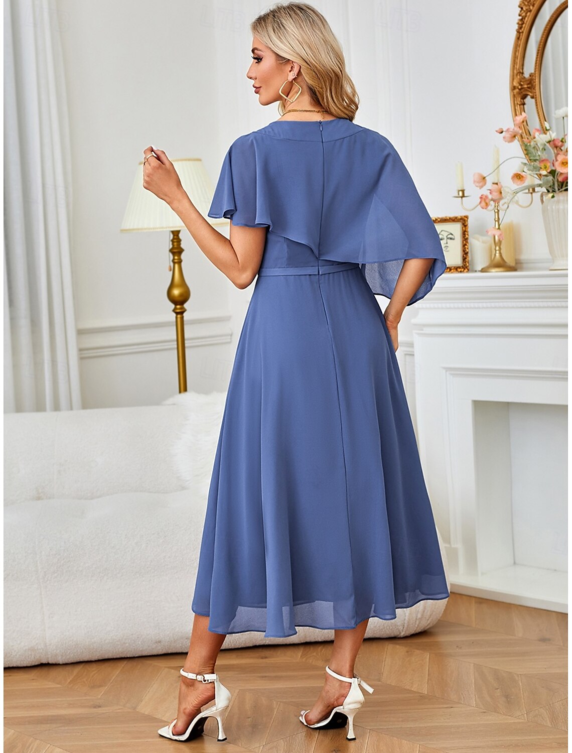 Women's A Line Dress Ruffle Sparkle Half Sleeve Wedding Guest Cocktail Party Blue