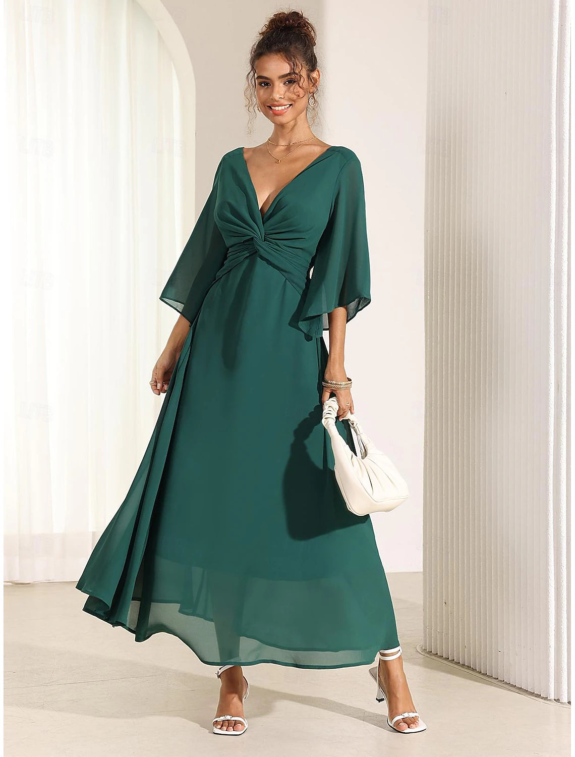 Women's Wedding Guest Cocktail Dress Chiffon Plain Ruffle Twisted Elegant Summer Maxi Dress V Neck Flared 3/4 Length Sleeve