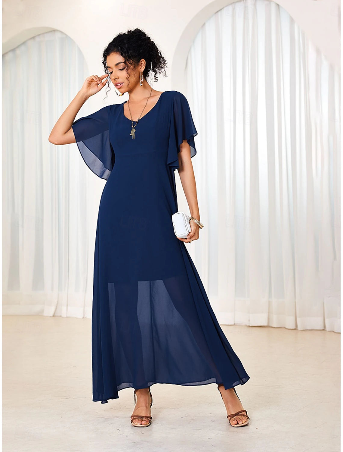 Women's Maxi Dress Elegant Flutter Sleeve Solid Blue Scoop Neck Cinched Waist Flowy Sheer Overlay Formal Event Party Summer All Sizes