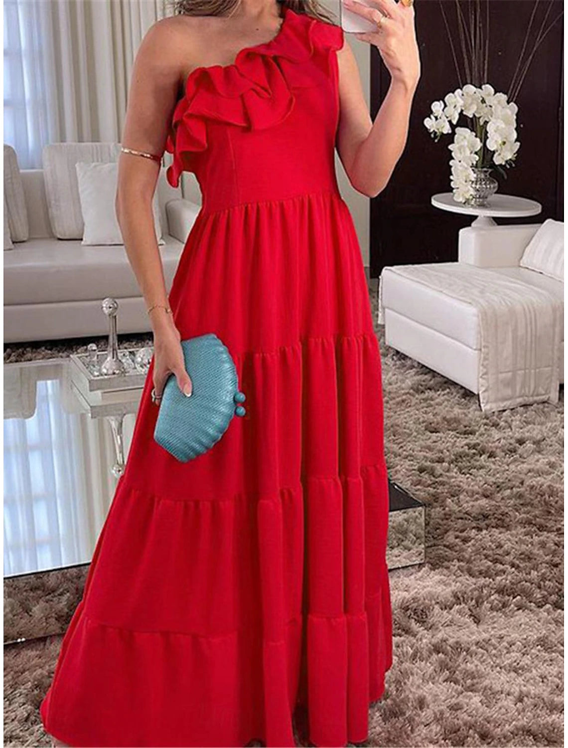 Women's Black Dress Maxi Dress Ruffle Wedding Party Elegant Formal One Shoulder Sleeveless Black Red Color