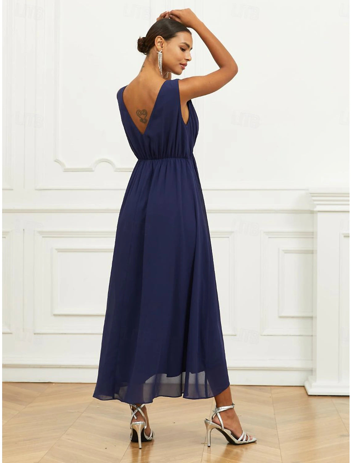 Women's Wedding Guest Cocktail Dress A Line Maxi Chiffon Ruched Tiered Elegant V Neck Sleeveless dress Navy Blue Color