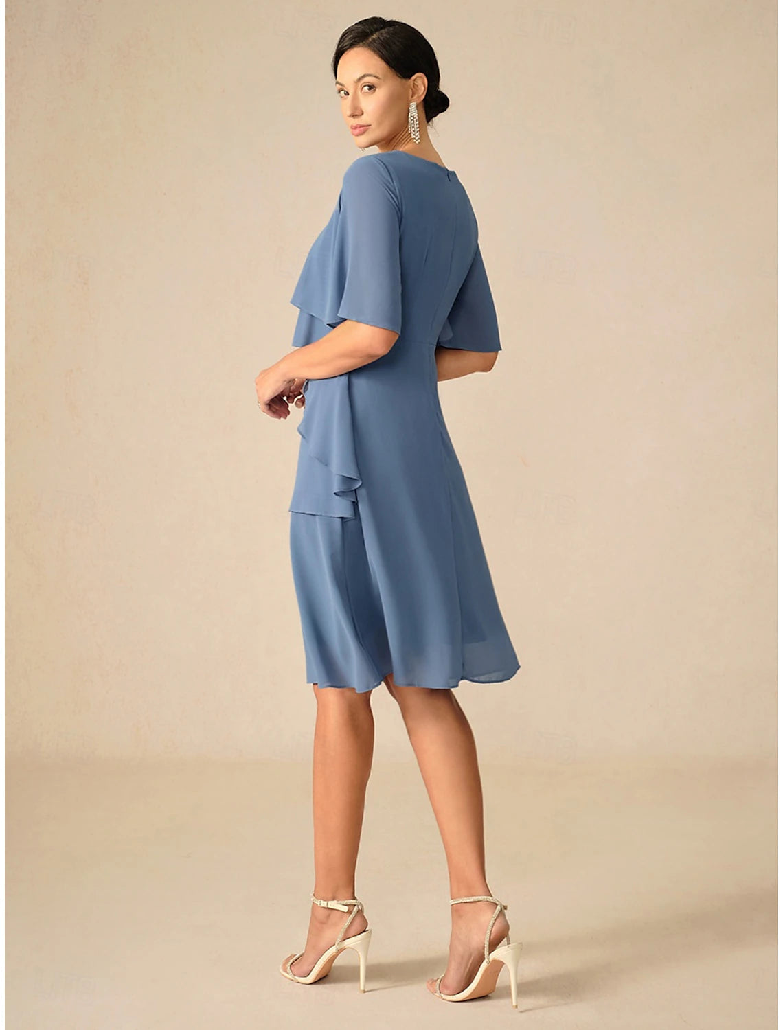 Women's Wedding Guest Cocktail Dress Ruffle Elegant Layered Midi Summer Spring Dress Crew Neck Half Sleeve Midi Dress Blue