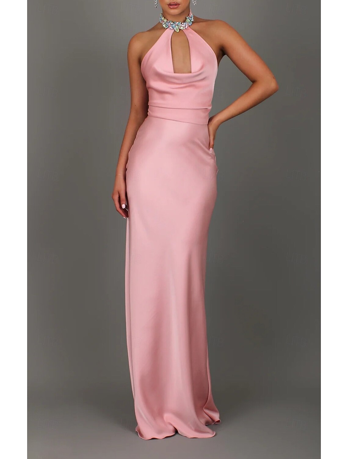 New style Acetate Satin Prom and Evening Gowns Halter - neck Gowns with Rhinestone Embellishments and Open - back Design Bridesmaid Dresses