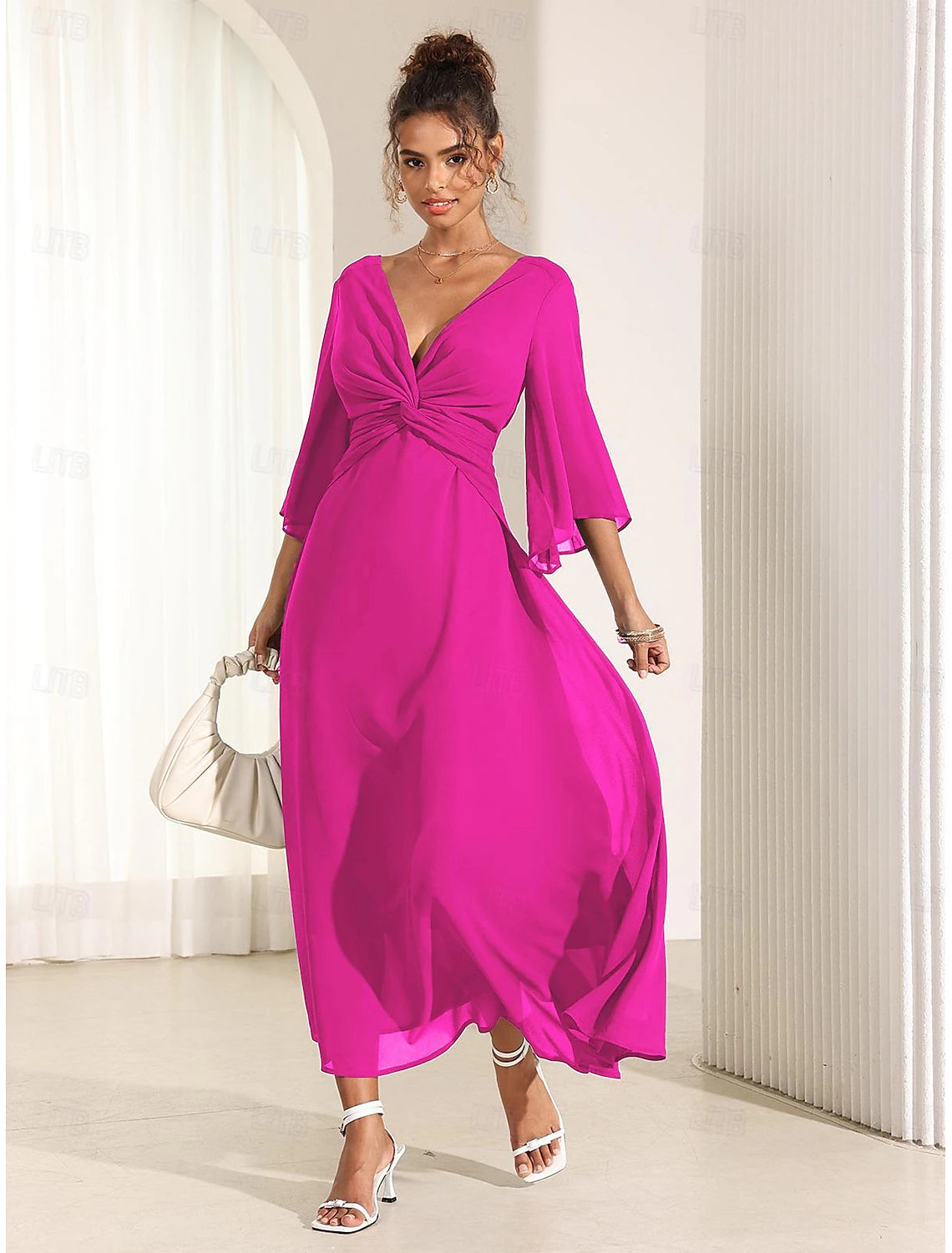 Women's Wedding Guest Cocktail Dress Chiffon Plain Ruffle Twisted Elegant Summer Maxi Dress V Neck Flared 3/4 Length Sleeve