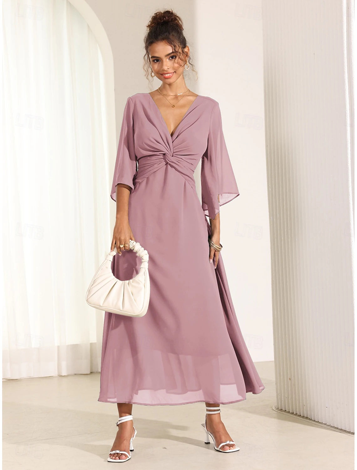 Women's Wedding Guest Cocktail Dress Chiffon Plain Ruffle Twisted Elegant Summer Maxi Dress V Neck Flared 3/4 Length Sleeve