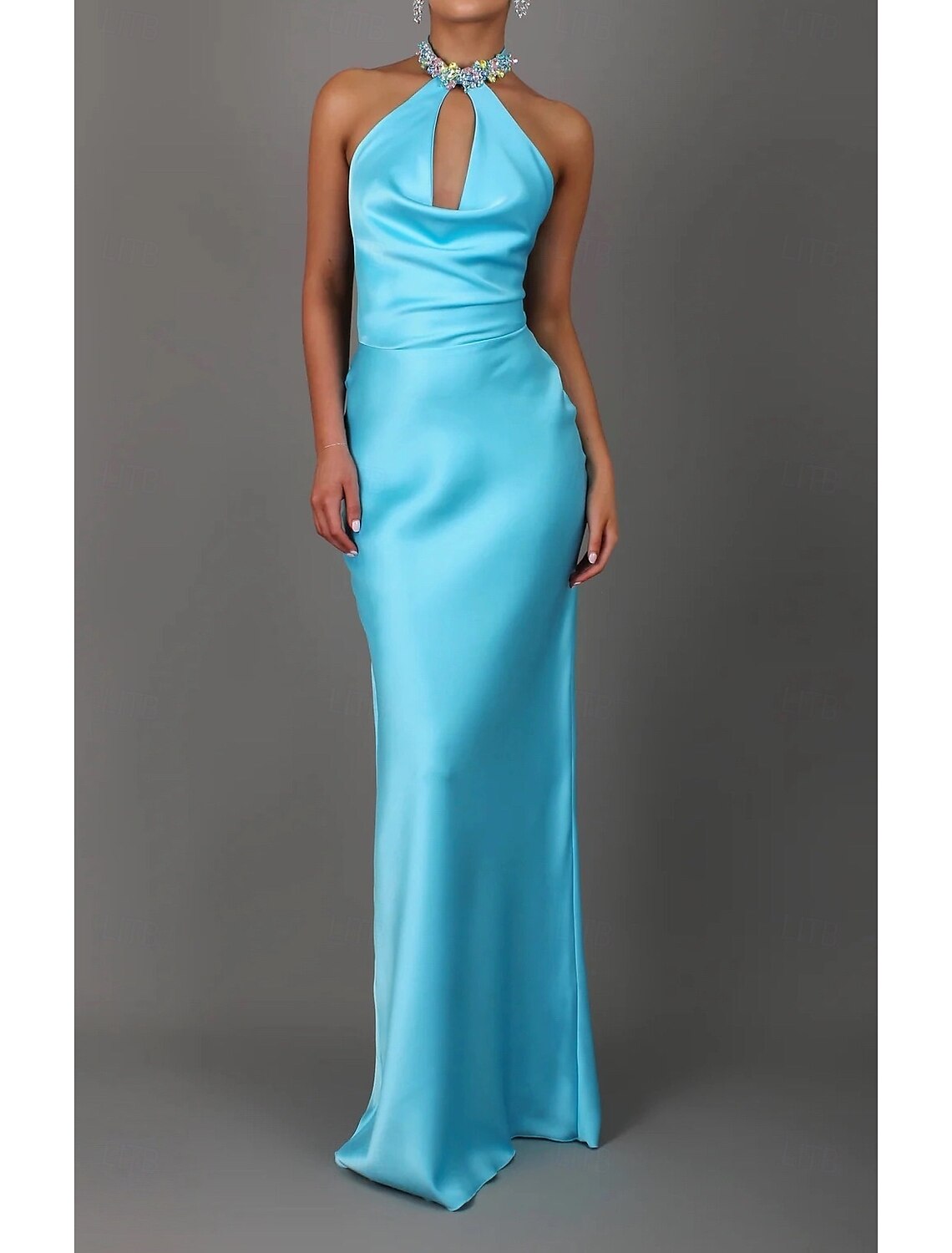 New style Acetate Satin Prom and Evening Gowns Halter - neck Gowns with Rhinestone Embellishments and Open - back Design Bridesmaid Dresses