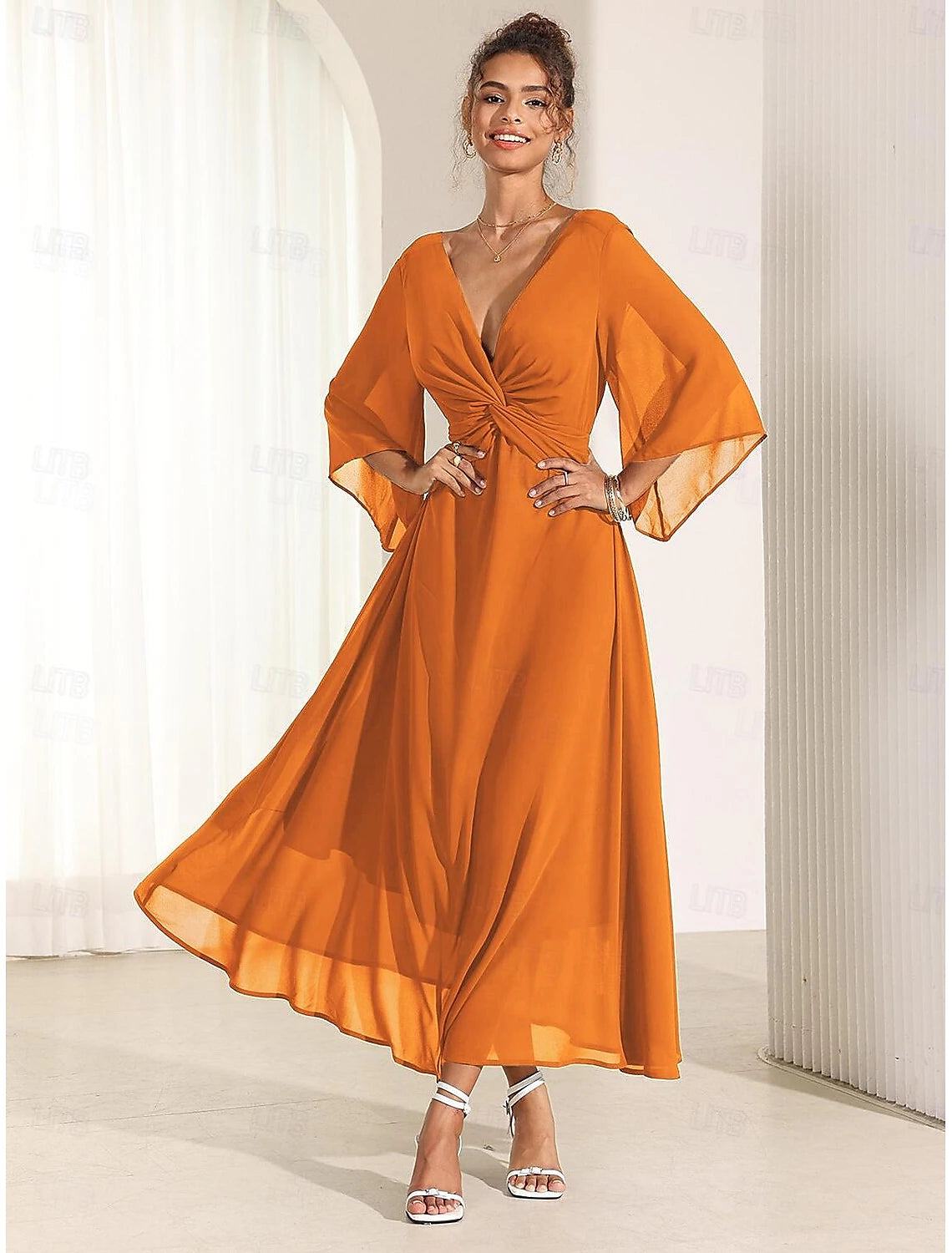 Women's Wedding Guest Cocktail Dress Chiffon Plain Ruffle Twisted Elegant Summer Maxi Dress V Neck Flared 3/4 Length Sleeve