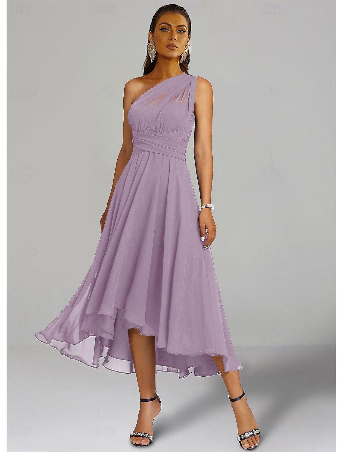A-Line Wedding Guest Dresses Elegant Dress Formal Wedding Party Tea Length Sleeveless One Shoulder Fall Wedding Guest Chiffon with Ruched