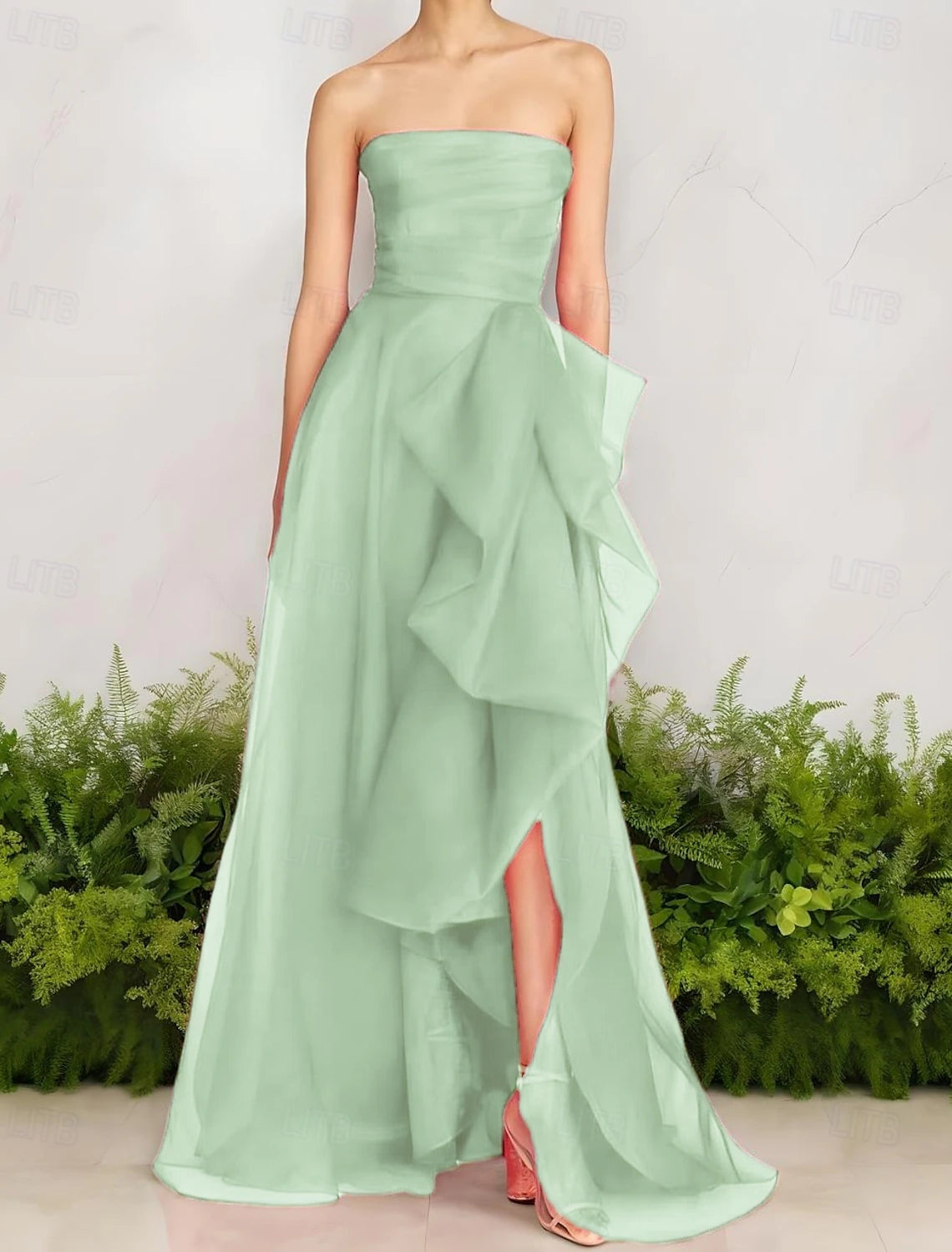 A-Line Evening Gown Celebrity Style Dress Formal Wedding Guest Floor Length Sleeveless One Shoulder Organza with Ruched Ruffles Slit
