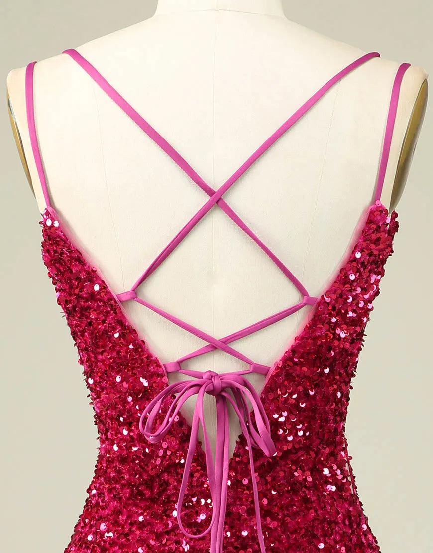 DingJiDress Sparkly Sequin Double Spaghetti Straps Tight Homecoming Dress