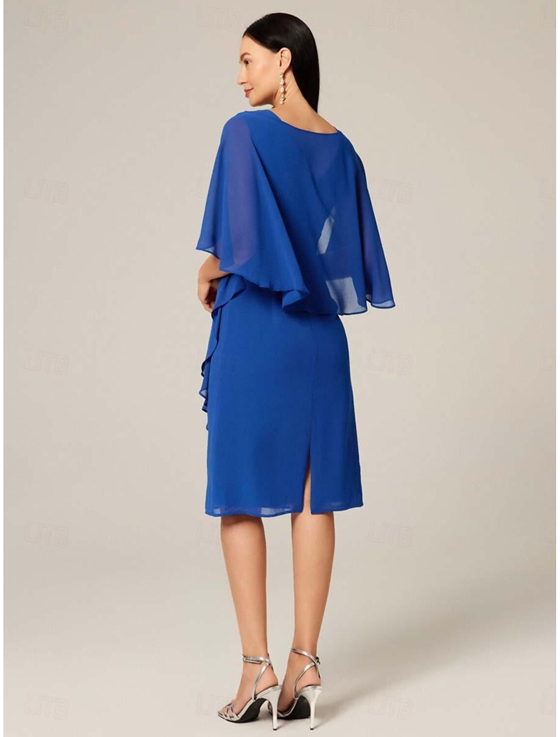 Women's Plus Size Wedding Guest Cocktail Dress Set Chiffon Ruffle Boat Neck Sleeveless Midi Dress Party Elegant Royal Blue Summer