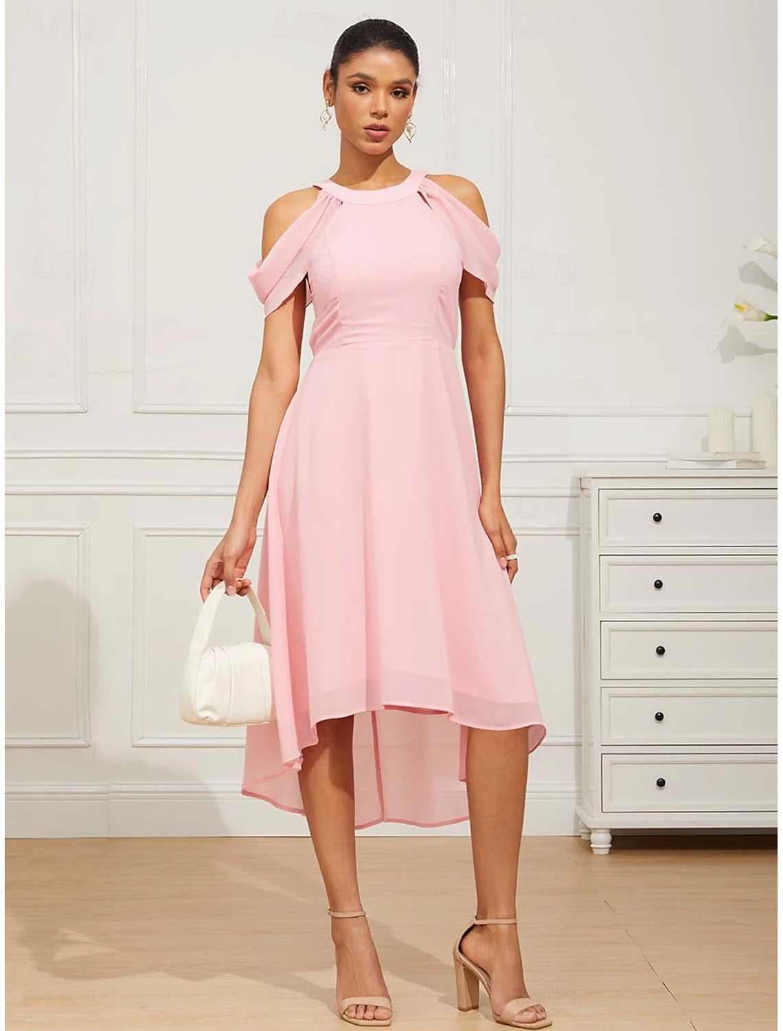 Women's Midi Dress Chiffon Dress Elegant Formal Flutter Sleeve Wedding Guest Cocktail Party Regular Fit 3/4 Length Sleeve Halter Neck Pink Summer Spring