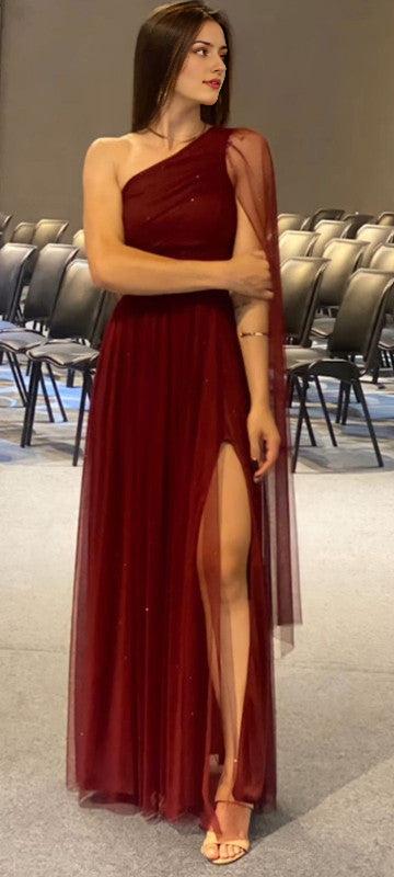 Burgundy Shinny Tulle Prom Dress Elegant Evening Party Dress